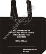 Druckspiegel für schwarze Non-Woven-Taschen mit Boden- und Seitenfalte